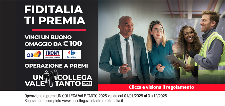 Agenzia MP Finanziamenti Fiditalia | Caltagirone, Caltanissetta | Fiditalia ti premia - Vinci un buono omaggio da €100. Operazione a premi. Clicca e visiona il regolamento. Operazione a premi UN COLLEGA VALE TANTO 2025 valida dal 01/01/2025 al 31/12/2025. Regolamento completo www.uncollegavaletanto.retefiditalia.it