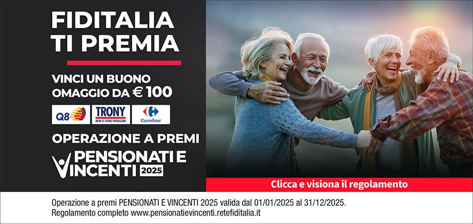 Agenzia MP Finanziamenti Fiditalia | Caltagirone, Caltanissetta | Fiditalia ti premia - Vicni un omaggio da €100. Operazione a premi. Clicca e visiona il regolamento. Operazione a premi PENSIONATI E VINCENTI 2025 valida dal 01/01/2025 al 31/12/2025. Regolamento completo www.pensionatievincenti.retefiditalia.it
